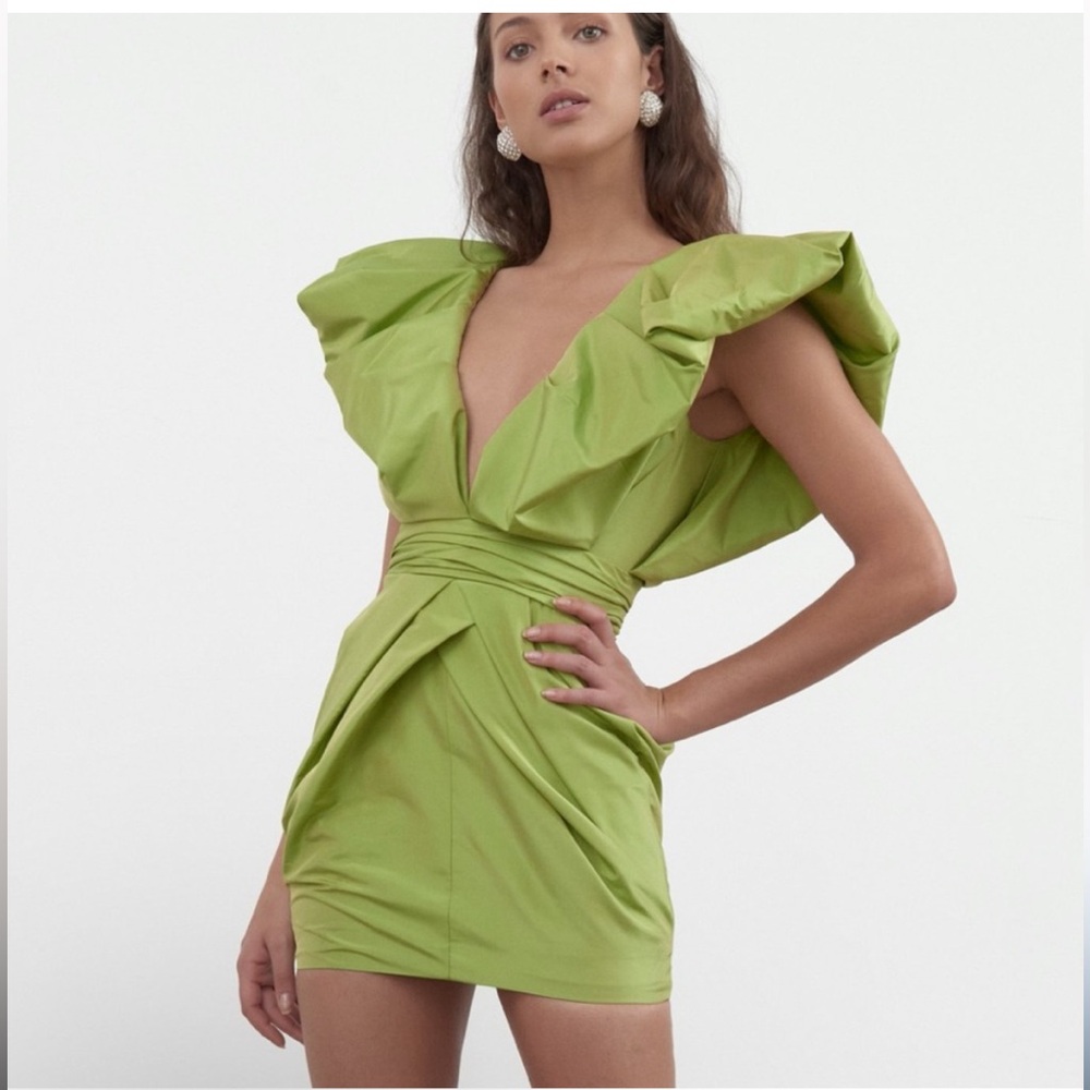 Ronny Kobo Roberta puff sleeve mini dress in Limelight green sz.XS